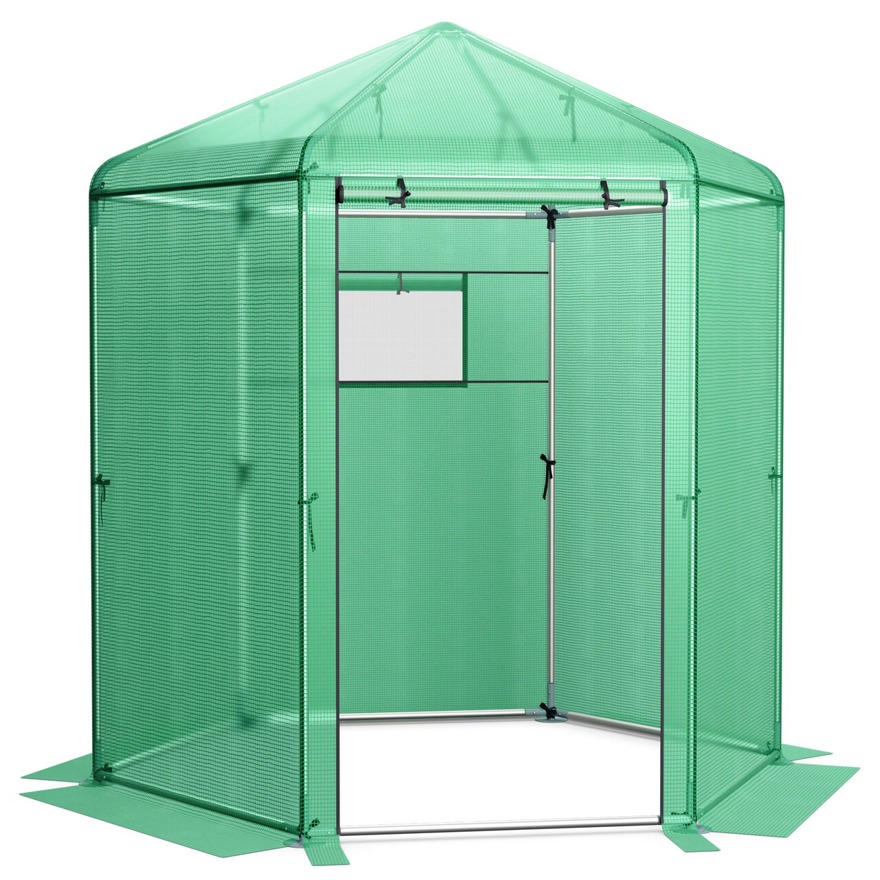 Garden Walk-In Hexagonal Greenhouse PE Cover Metal Frame Roll-Up Door Green